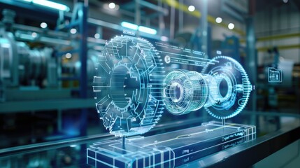 Poster - a 3d model of a machine is displayed on a glass table