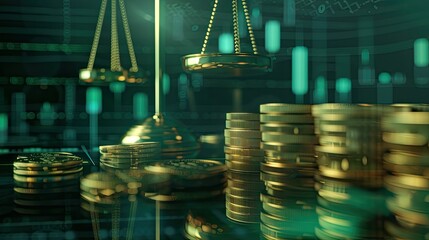 Poster - A close up of a pile of gold coins and a scale