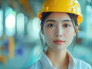 Wall Mural - A female technician wearing a yellow safety helmet