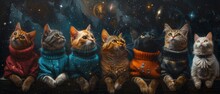 A Group Of Cats Wearing Colorful Sweaters Are Sitting In A Row, Looking Up At Something