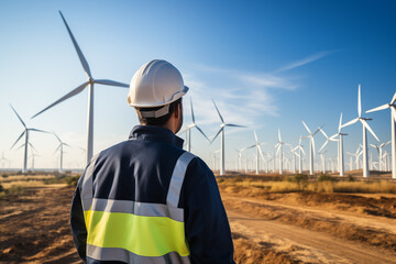 Engineers working with tablet on wind turbine farm background, Alternative energy sources concept, sustainability.