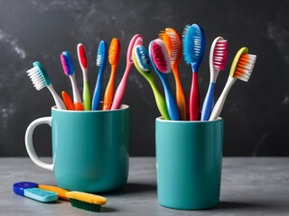There are many toothbrushes in a cup on a table: wet brushes, brushes, z-brush, brush hard, featured on z brush, holding a yellow toothbrush, brush, fine brush, broad brush, washy brush