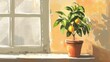 An illustration of a small lemon tree growing in a pot on a sunny windowsill