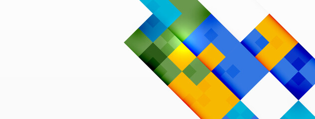 Poster - A vibrant pattern of blue, yellow, and green geometric shapes on a white background. The design includes rectangles, triangles, and electric blue accents, giving it a modern and dynamic look