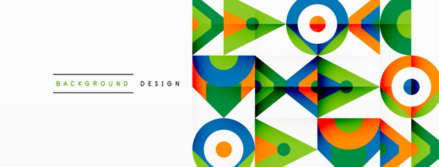 Poster - The colorful geometric pattern consists of rectangles, triangles, circles, and arrows in tints and shades on a white background. It showcases symmetry and art in a visually appealing graphic design