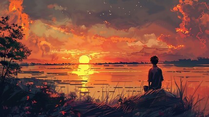 An illustration of someone pausing to watch a sunset, reflecting on the passage of time