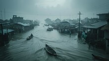 Monsoon Flood In Coastal Village: Homes Submerged, Boats Navigating Streets, Villagers Securing Belongings