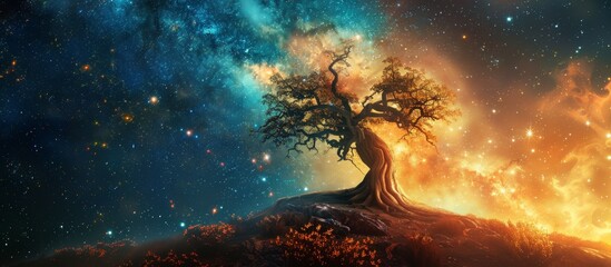Wall Mural - a majestic tree standing atop a hill is silhouetted against a mesmerizing galaxy in the distant nigh