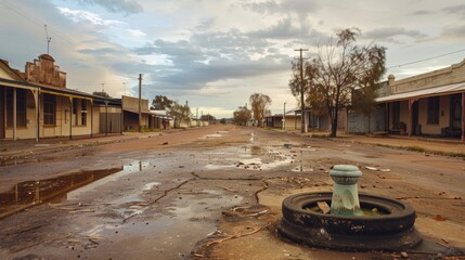 Wall Mural - Desolate Australian town abandoned in water crisis: empty streets, dried-up fountains - powerful image.