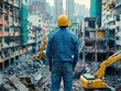 © fanjianhua - A man is at a demolition site, looking at tall buildings