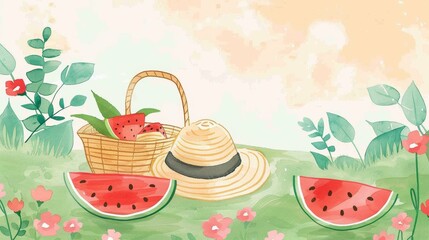 Wall Mural - Idyllic summer picnic scene with watermelon and straw hat