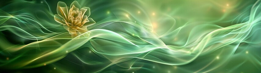 Canvas Print - Green abstract background with swirling smoke and vibrant light patterns on a smooth surface, resembling flowing energy and artistic design