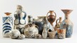 A group of pottery pieces with signature stamps that have been intentionally distorted and abstracted adding an intriguing element to their designs..