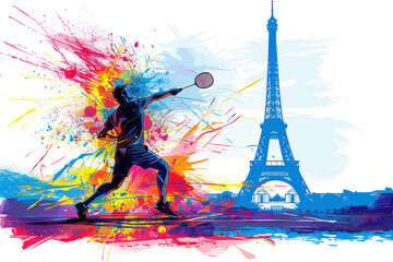 Wall Mural - Colorful watercolor paint of badminton player hit shuttlecock by eiffel tower