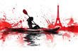 Red watercolor paint of people falling offered in a kayak by eiffel tower