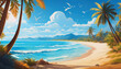The bright blue sky contrasts with the clear blue sea. A long sparkling stretch of fine white sand beach. The sun shines down warmly. The coconut trees swayed and waved in the wind. Art Background