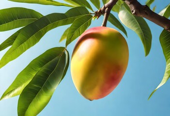 Wall Mural - Mango on a branch, fruits hanging from the branch, clear sky background 