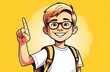 Funny boy with orange hair in white t-shirt with backpack on yellow background, pointing finger to the side, copy space