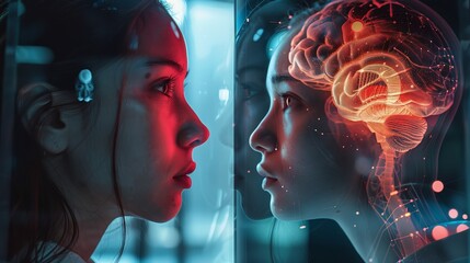 Poster - Futuristic brain-to-brain connection during a scientific experiment, vivid lighting showcasing potential and dangers