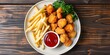 Fried chicken nuggets with ketchup and fries on a white plate over a wooden background