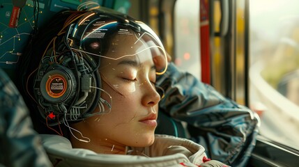 Poster - Intimate portrayal of human-machine symbiosis, illustrating the promise and perils of a brain-connected world, with a focus on lifelike textures and tone