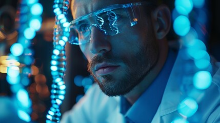 Poster - Intimate shot of a scientist tweaking gene-editing technology, reflecting the profound implications of redefining human capabilities, lifelike precision