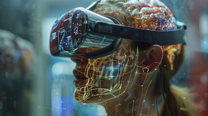Poster - Intriguing depiction of augmented reality overlays on human brains, hinting at the transformative potential of neurotechnology, meticulously detailed