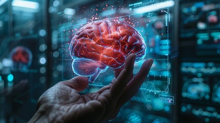 Poster - Intriguing depiction of augmented reality overlays on human brains, hinting at the transformative potential of neurotechnology, meticulously detailed