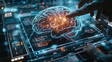 Poster - Intriguing depiction of augmented reality overlays on human brains, hinting at the transformative potential of neurotechnology, meticulously detailed