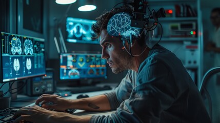 Poster - Stunning view of a neuroscientist adjusting a high-tech brain-computer interface on a volunteer, showcasing seamless integration