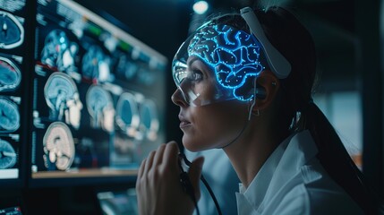 Poster - Stunning view of a neuroscientist adjusting a high-tech brain-computer interface on a volunteer, showcasing seamless integration