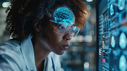 Wall Mural - Stunning view of a neuroscientist adjusting a high-tech brain-computer interface on a volunteer, showcasing seamless integration