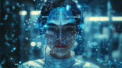 Poster - Vivid composition of a person wearing a brain-computer interface, surrounded by floating digital data, in a modern laboratory setting