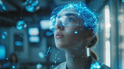 Poster - Vivid composition of a person wearing a brain-computer interface, surrounded by floating digital data, in a modern laboratory setting