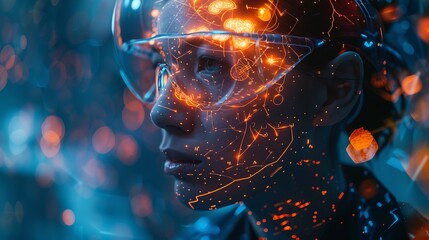 Poster - A compelling shot of a scientist experiencing a brain-computer interface, exploring new realms of AI, highlighted by dramatic lighting and ultra-sharp details