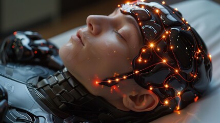 Poster - Close-up of a seamless brain-computer interface being fitted onto a user, with detailed visualization of neural connections and AI synthesis, lifelike accuracy