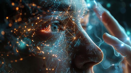 Poster - Close-up of a seamless brain-computer interface being fitted onto a user, with detailed visualization of neural connections and AI synthesis, lifelike accuracy