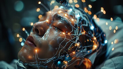 Poster - Close-up of a seamless brain-computer interface being fitted onto a user, with detailed visualization of neural connections and AI synthesis, lifelike accuracy