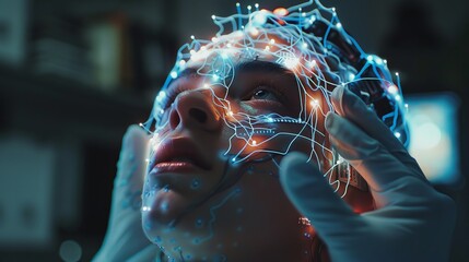 Poster - Close-up of a seamless brain-computer interface being fitted onto a user, with detailed visualization of neural connections and AI synthesis, lifelike accuracy