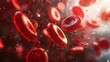 Red cells flowing in the living body, closeup of red cells with a blurred background. This image depicts the concept of human health and medicine in the style of an abstract biological representation.