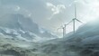 Wind farm. Wind generators in mountain landscape. Development of renewable energy sources hyper realistic 