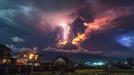 Wall Mural - Mayon Volcano Eruption in the Philippines with Stunning Volcanic Lightning Display