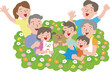花に囲まれた笑顔の家族。高齢者、親、子供のイラスト