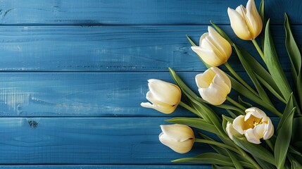 Poster - A picturesque scene unfolds on a blue wooden desk adorned with delicate light yellow tulips setting the perfect ambiance for Easter Mother s Day Valentine s Day or Women s Day Capture this 