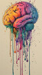 Brain painting with colorful paint drips in shades of purple, pink, and magenta