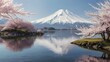Cherry blossoms bloom against a snowy landscape with distant mountains under a serene blue sky, sakura trees by the river 