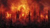 Intense forest fire scene with towering flames engulfing trees under a smoky, red sky