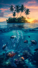 Wall Mural - Tropical Island with coconut palm trees and jelly fishes under water at sunset, summer holiday theme, world oceans day theme.