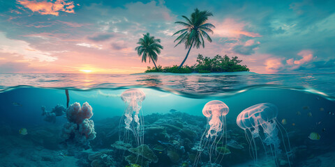 Wall Mural - Tropical Island with coconut palm trees and jelly fishes under water at sunset, summer holiday theme, world oceans day theme.