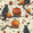 A festive Halloween illustration featuring black cats, carved pumpkins, and autumn leaves on a textured background.